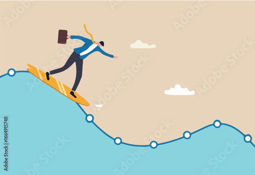 Survive in stock market volatility, professional to smooth ride in market downturn, recession, investment fluctuation or market up and down, confidence businessman surfing on stock market wave chart.