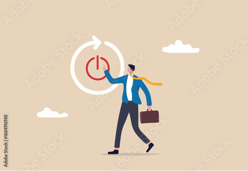 Time to reboot business or career, refresh working energy or restart new journey, change to improve outcome concept, smart businessman carefully reach his finger to press reboot or restart button.