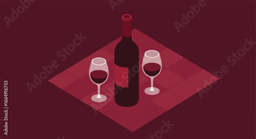 Wine bottle & glasses on tiled surface. Flat design for website header, invitation use