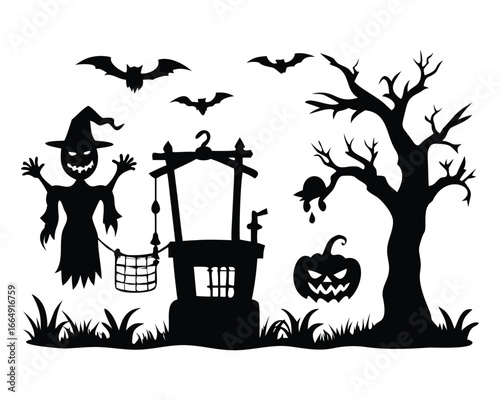 Halloween scene with a scarecrow, well, pumpkin, and bare tree vector illustration