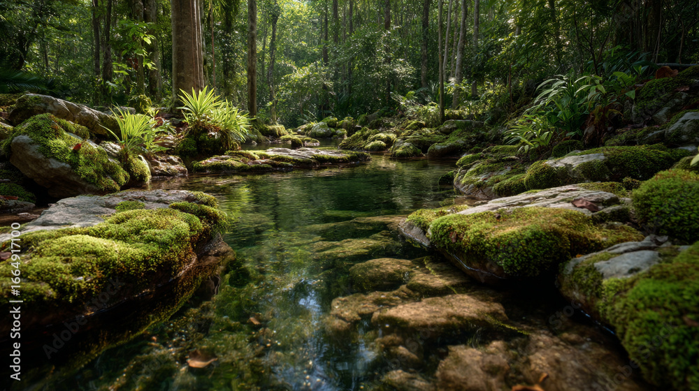 Fototapeta premium A serene view of a clear stream flowing through a lush green forest with mossy rocks around