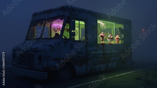 Creepy ice cream truck with horror treats in a spooky dark foggy night