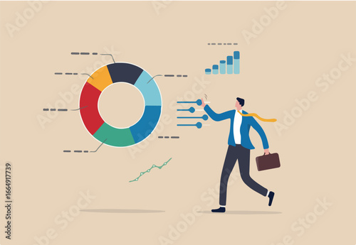 Investment portfolio adjustment, asset allocation rebalance, diversify financial plan for economic recession, inflation and interest rate concept, businessman fund manager adjust portfolio pie chart