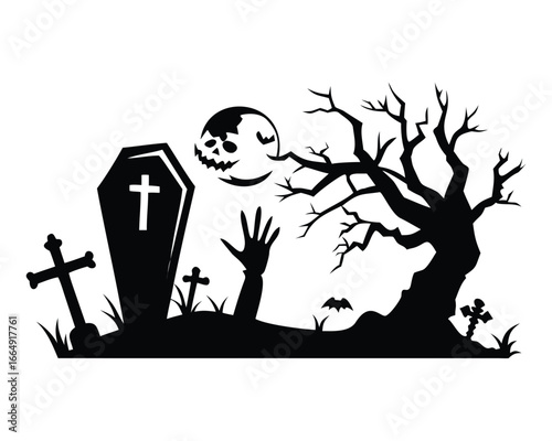 Spooky Halloween graveyard scene with zombie hand rising from coffin and skull moon cemetery