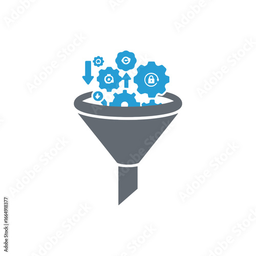 Secure data processing funnel icon with gears and lock symbol representing filtering, conversion, and information security