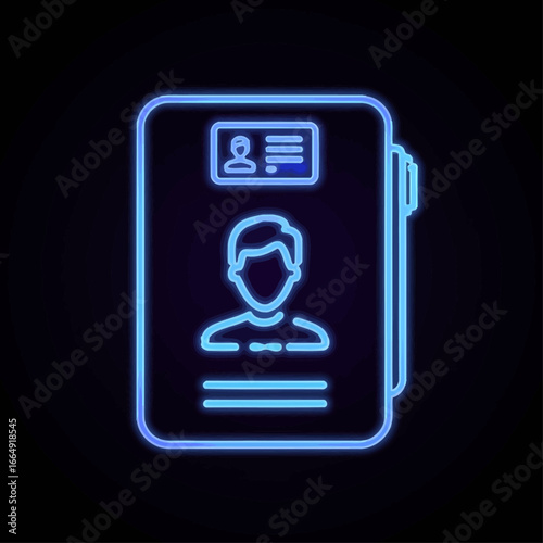 Luminous blue neon outline of a personal information file, representing a user account, resume, or curriculum vitae. Vector graphic symbol for identity and contact data