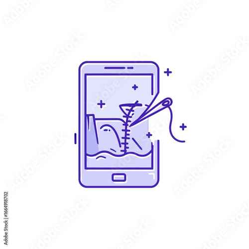 Creative technology concept showing a needle and thread digitally stitching a virtual landscape on a mobile phone, symbolizing AI creation and bug fixing