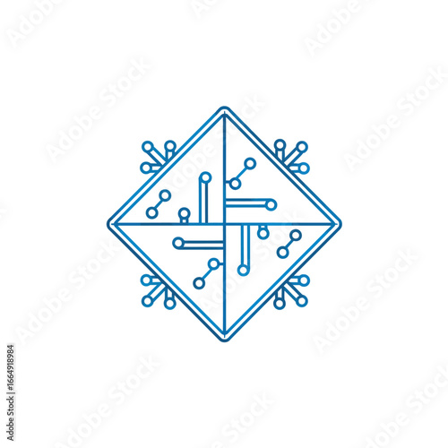 Abstract blue line art icon of a futuristic technology chip or network hub in a rhombus shape, representing digital connection and data processing