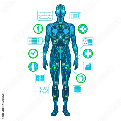 Digital representation of the human body with a futuristic health interface showing vital signs and medical data