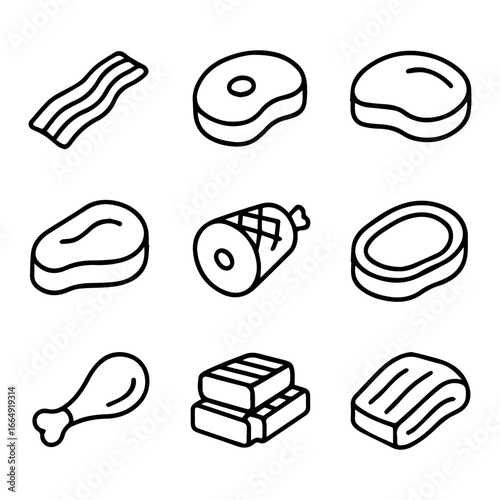Black outline illustration of assorted meat cuts and processed meat products.