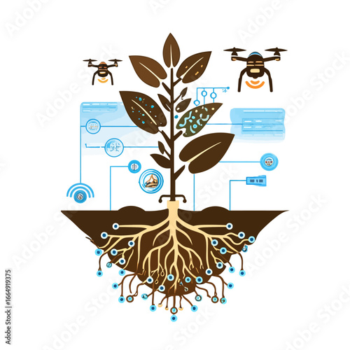 Futuristic agriculture technology concept with an intelligent plant system monitored by drones and IoT sensors for data analysis