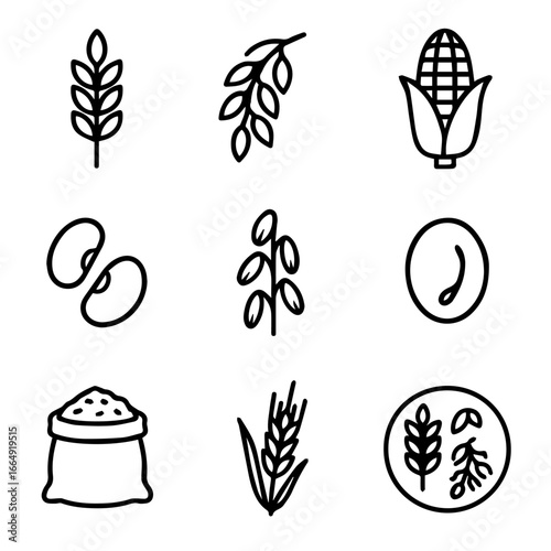 Black outlined icons of diverse crops including wheat corn beans and seeds.