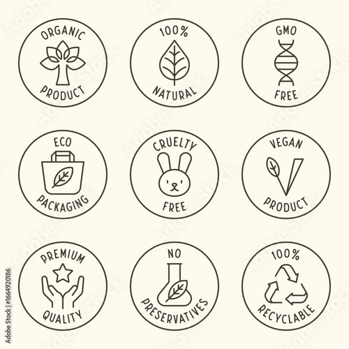 Retro Style Eco Product Badges with Organic Natural Vegan Cruelty Free GMO Free and Recyclable Labels