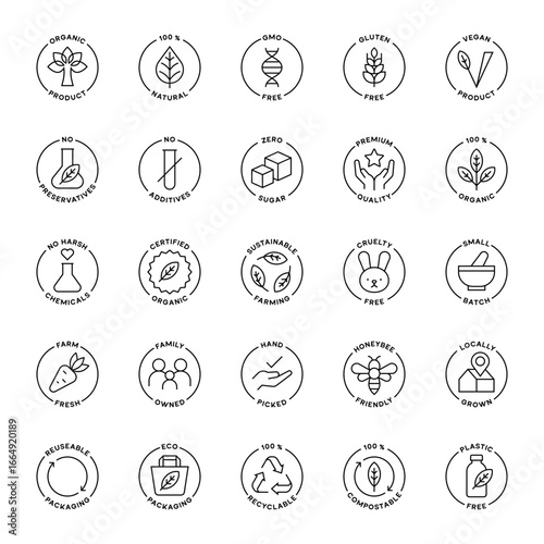 Eco Certification Badges Set Line Icons Organic Natural Vegan Sustainable Recyclable Packaging