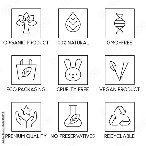 Eco Friendly Organic Product Icons with Natural Vegan Cruelty Free GMO Free and Recyclable Labels in Minimal Line Style