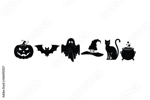 Halloween black silhouette icons including pumpkin bat ghost witch hat black cat and cauldron vector