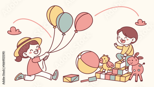 Happy children playing joyfully with pastel balloons and colorful building blocks, cheerful cartoon style illustration, perfect for kids' products, playful mood.