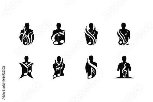 Collection of black silhouette logos featuring human figures and musical notes vector