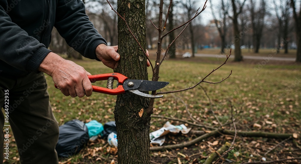 Obraz premium Arborist trims trees in park with pruning shears on cloudy day amid fallen branches and urban decay