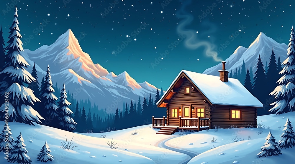 Fototapeta premium Cozy snow covered cabin amongst snowy pines and mountains at night