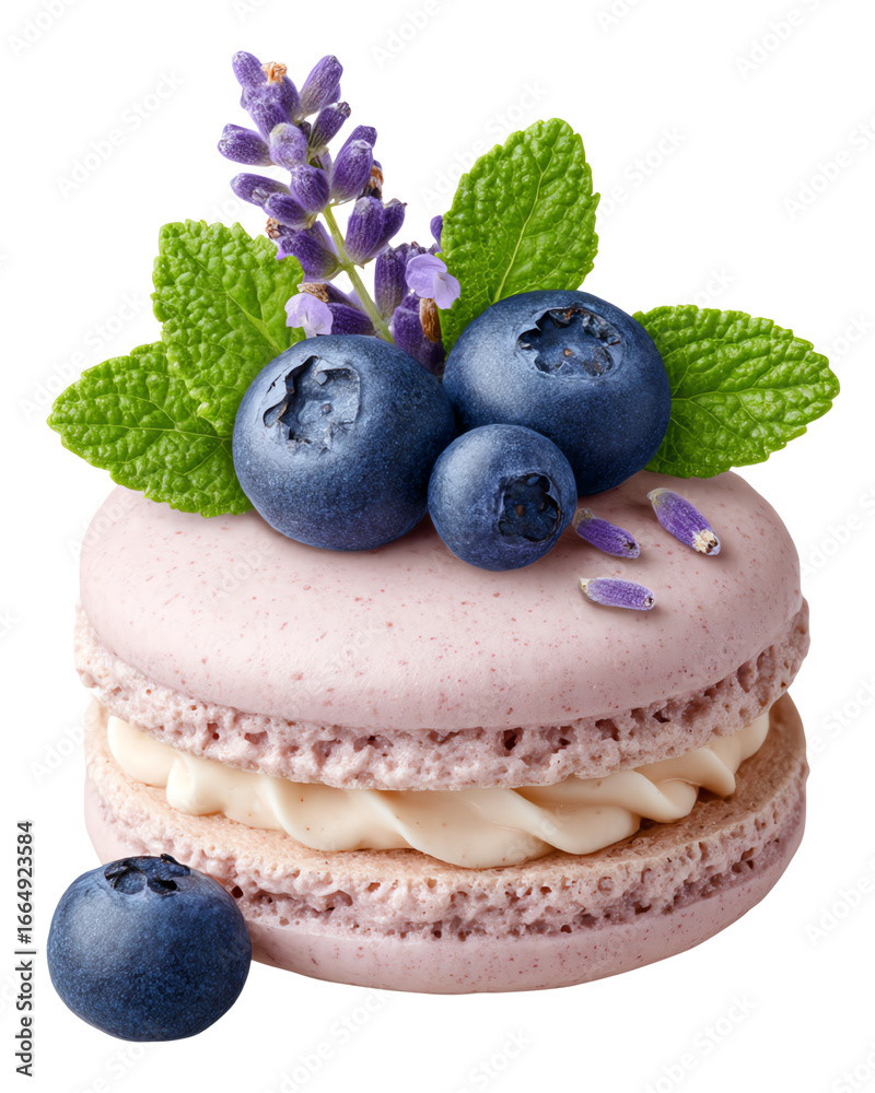 Fototapeta premium Isolated transparent png Macarons with Fresh Fruit Lavender macaron topped with fresh blueberries and mint leaves.