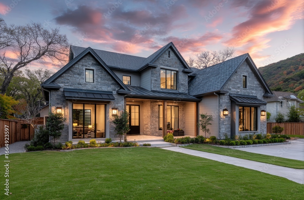 Obraz premium backyard of single story home in south austin, texas at sunset with large backyard and beautiful landscaping