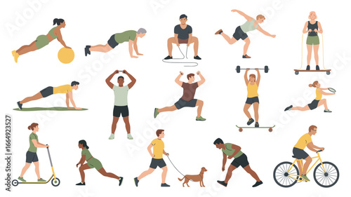 Wallpaper Mural Collection of Cute Funny Men and Women Performing Various Sports Activities – Flat Cartoon Vector Bundle of Happy Exercising People Isolated on White for Fitness, Lifestyle, Design Torontodigital.ca