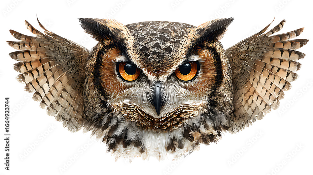 Fototapeta premium Detailed Illustration of a Great Horned Owl with Intense Gaze on a Transparent Background for Design and Educational Use