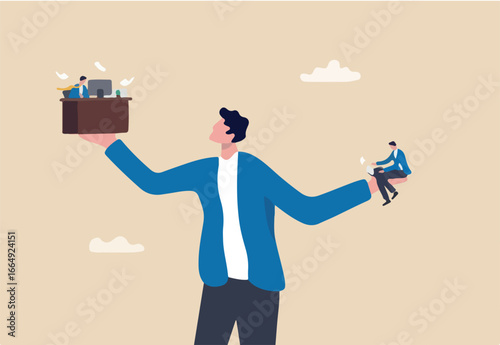 Side job or side hustle to make money, decision or balance between gig economy and main office work, freelancer or salary man routine concept, businessman balance between main work and side hustle.