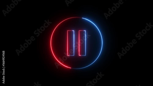Glowing light neon red and blue color media player pause icon animation sign symbol on black background