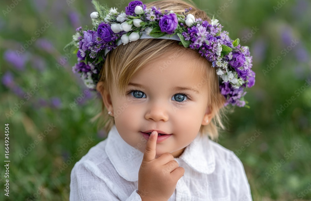 a cute baby girl with a flower wreath on her head, holding out her hand to the camera a cute baby girl with a flower wreath on her head, holding out her hand to the camera