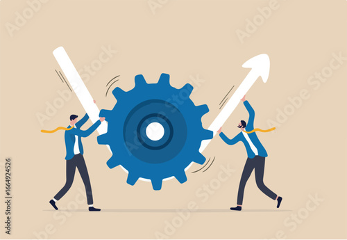 Business transformation or improvement, execution workflow to increase productivity and efficiency, investment profit concept, businessman partner help rotate gear cogwheel to make arrow rising up.