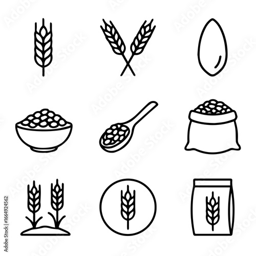 Collection of Wheat Grain and Seed Icons Depicting Agricultural Elements.