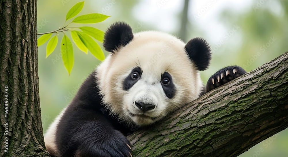 Naklejka premium Giant Panda Bear Resting Lazily on a Tree Branch.
