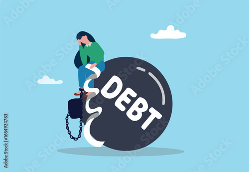 Debt or NPL problem, loan or lending crisis, overspending mistake causing debt burden, recession or bankruptcy, credit default concept, young woman with overdue bill payment chained with debt burden.