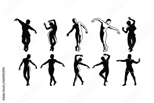 Ten black silhouettes of dancers in various ballet poses on a white background vector