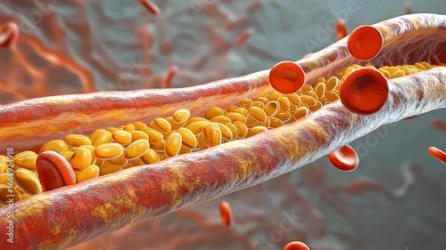 Illustration of blood flow in an artery with cholesterol buildup.