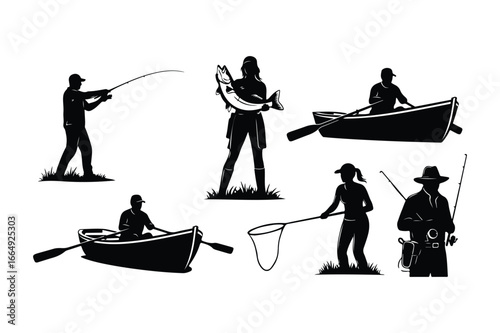 Fishing silhouettes including man rowing boat woman holding fish man casting rod woman with net vector