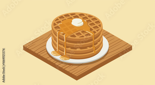 Waffles Stack Drizzled with Syrup on Wooden Board. Solid Color Background