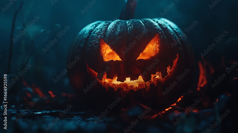 Fototapeta premium Glowing Jack O Lantern in the dark with eerie expression