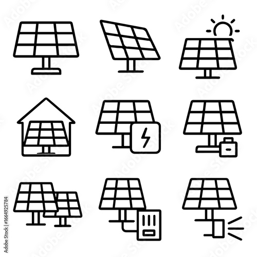 Diverse Solar Panel Icons Depicting Renewable Energy and Sustainable Power.