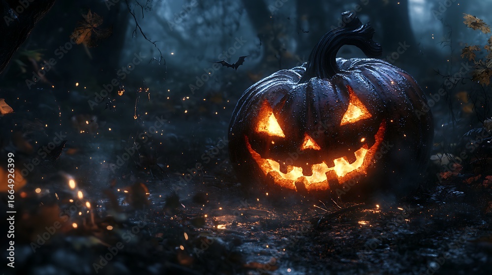 Naklejka premium Spooky pumpkin Jack O Lantern glowing with candlelight inside