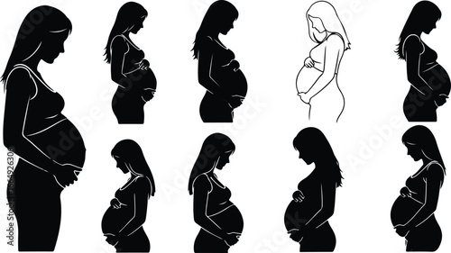 Multiple Black Silhouettes of Pregnant Women Holding Bellies pregnant woman pregnancy