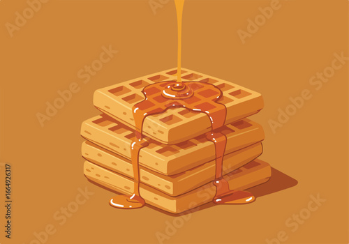 Syrup Pouring on Waffle Stack on Table Breakfast, dessert, menu, restaurant use