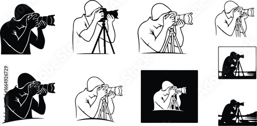 Photographer with camera on tripod silhouette and line art illustrations vector