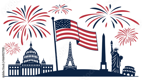 Patriotic Fourth of July celebration graphic; American flag, fireworks, Washington DC, Eiffel Tower, Statue of Liberty, and Roman Colosseum silhouettes.