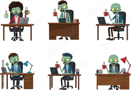 Zombie office workers drinking coffee, working on laptops, funny horror characters at desks, business undead concept, cartoon illustration set