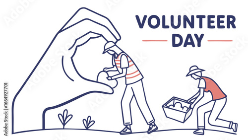 Volunteer Day: Minimalist Line Art Illustration of Two People Collecting Items Under a Giant Helping Hand, Symbolizing Community Support and Charitable Giving, Positive and Hopeful Mood.