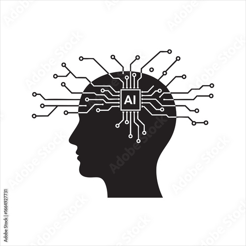 Minimalist flat icon of human head silhouette with AI microchip inside the brain, circuit lines branching outward, futuristic technology symbol