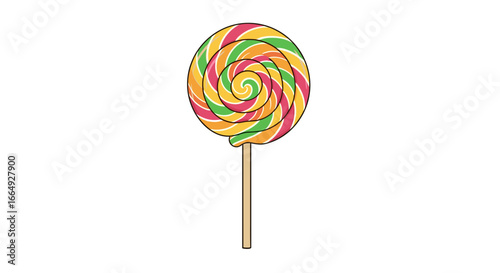A colorful spiral lollipop on a wooden stick, a classic confectionery treat for all ages delightful sweet indulgence